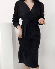 V-neck Cross Straps Long Knit Cardigan Midi Dresses