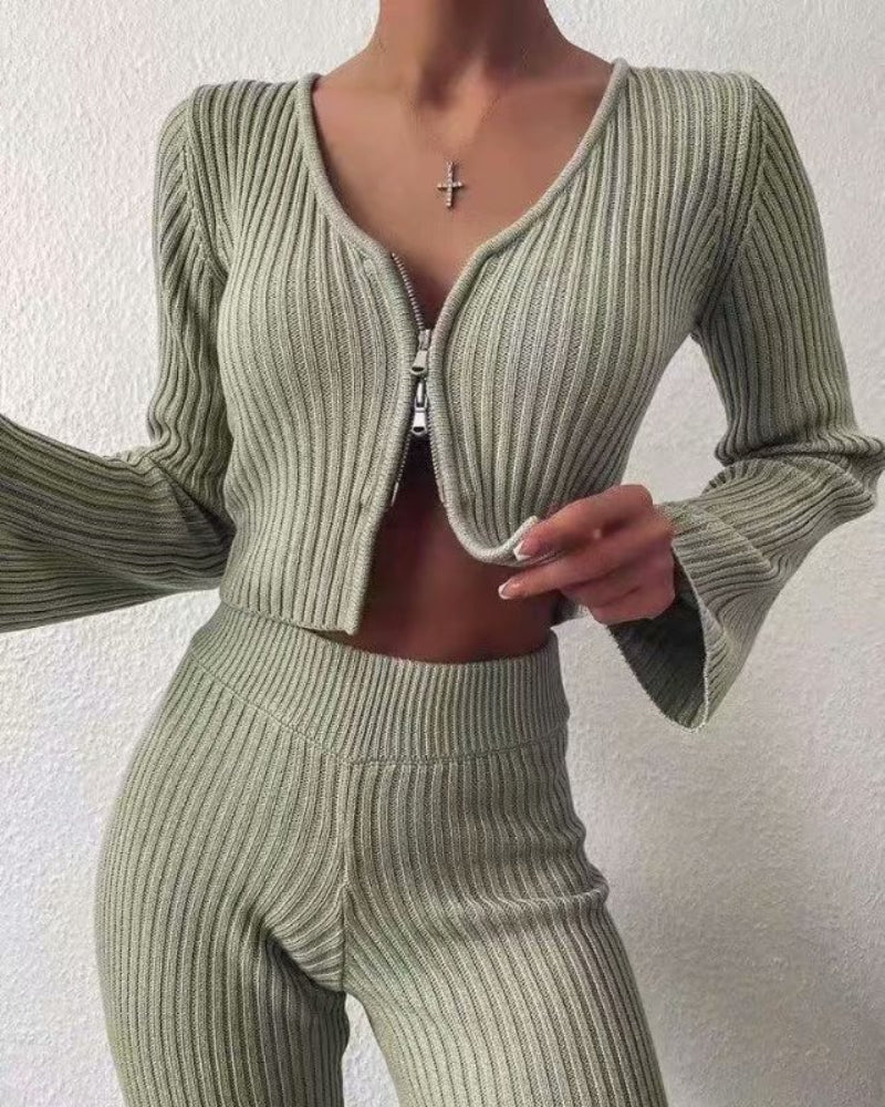 V-neck Knit Loungewear Cardigans Pants Two-piece Set