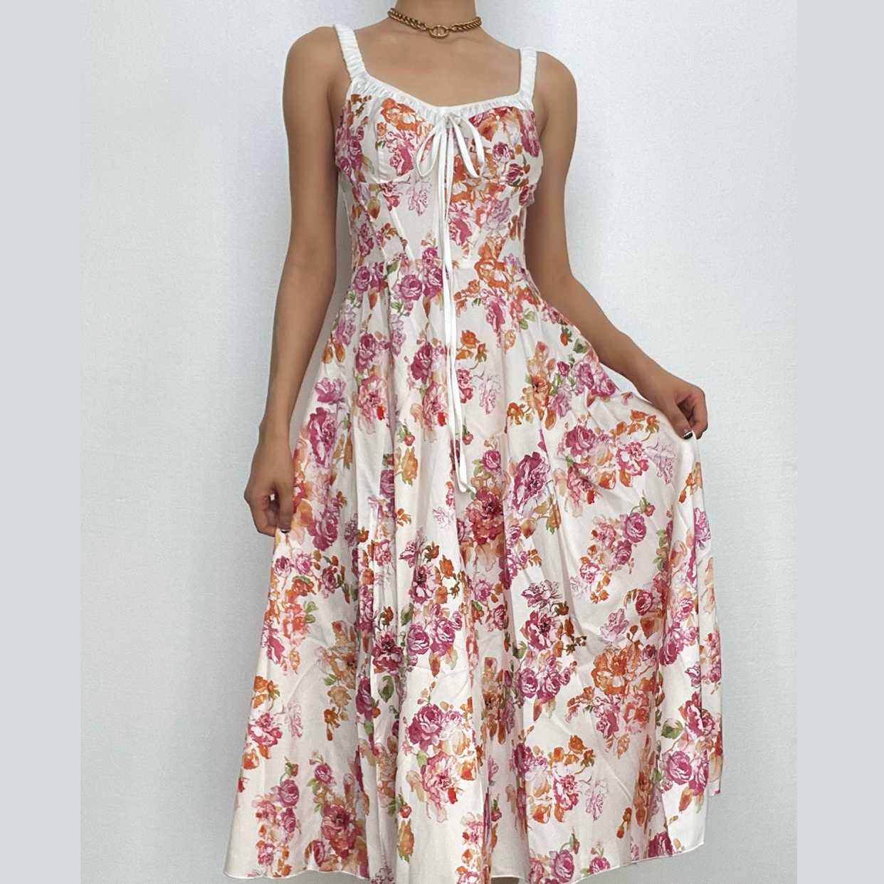 Ruched flower print contrast sleeveless midi dress