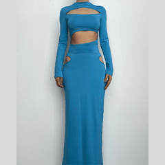 Hollow out long sleeve crewneck solid maxi skirt set