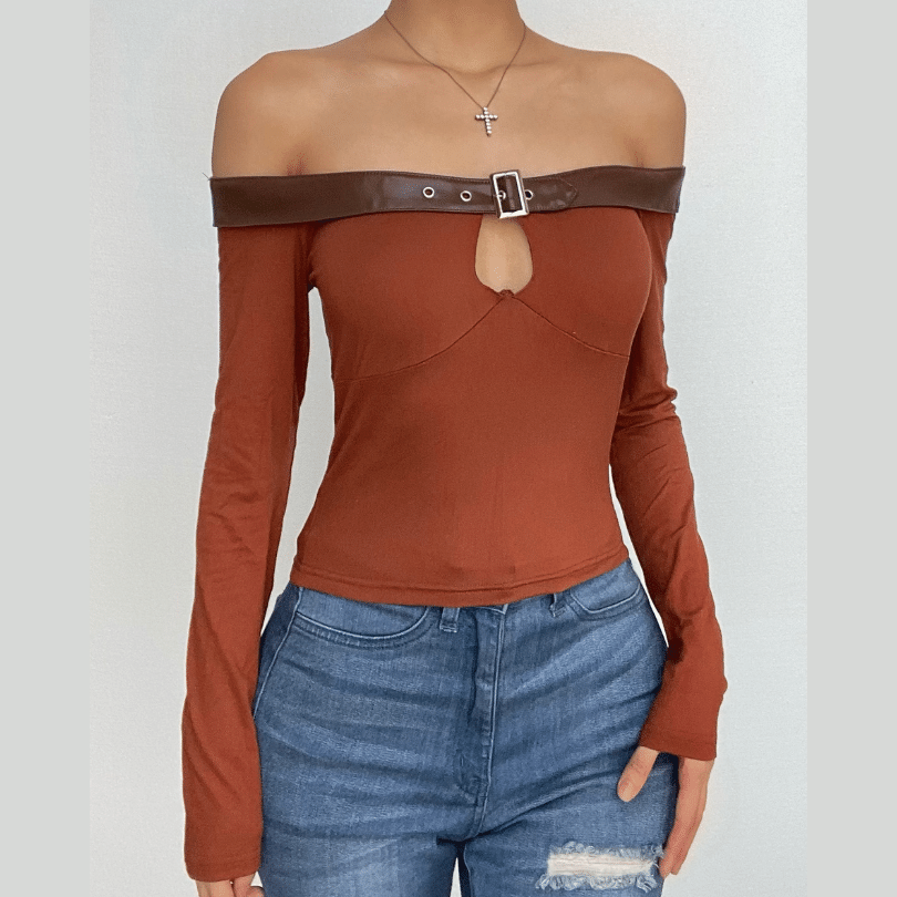 Buckle PU leather patchwork off shoulder contrast long sleeve top