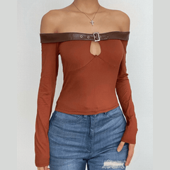 Buckle PU leather patchwork off shoulder contrast long sleeve top