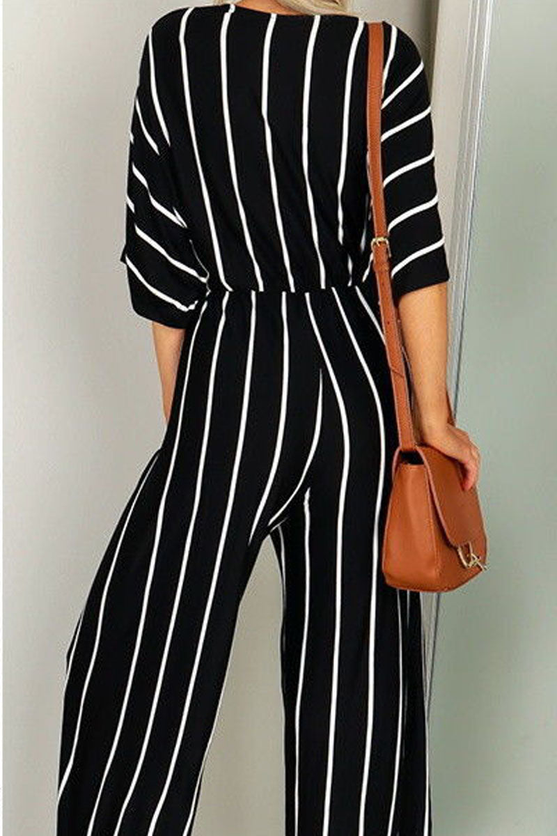 V-neck Wide-leg Striped Jumpsuit