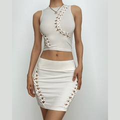 Hollow out solid sleeveless irregular crewneck mini skirt set