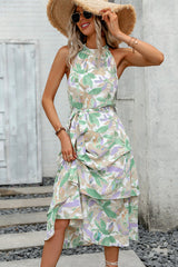 Fashion Print Knot Waist Ruffle Sleeveless Dress