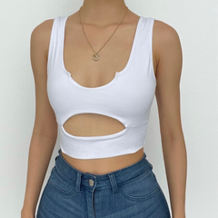 Double layered U neck low cut hollow out solid crop cut out top