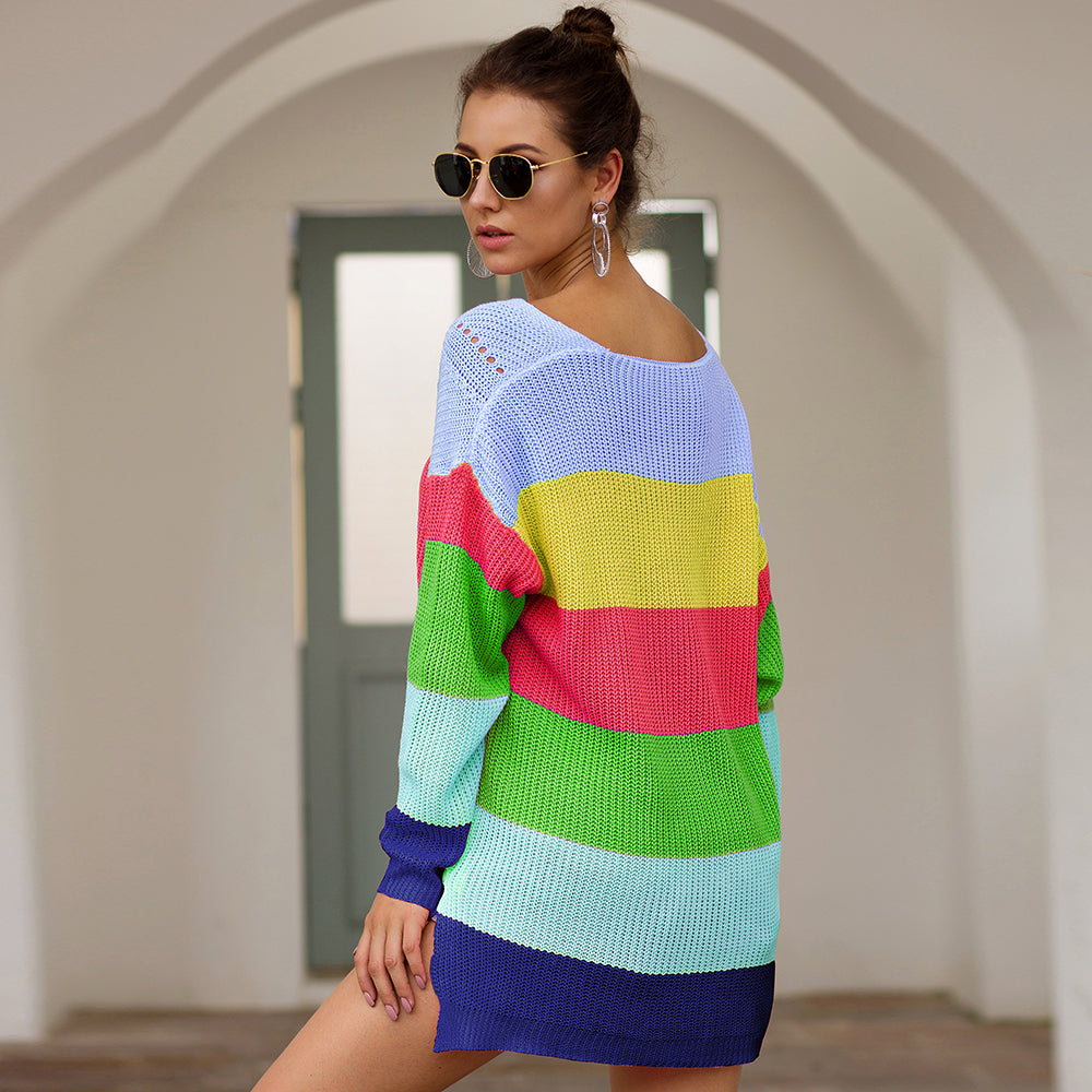 Women's Loose V-neck Rainbow Stripes Long Sweater