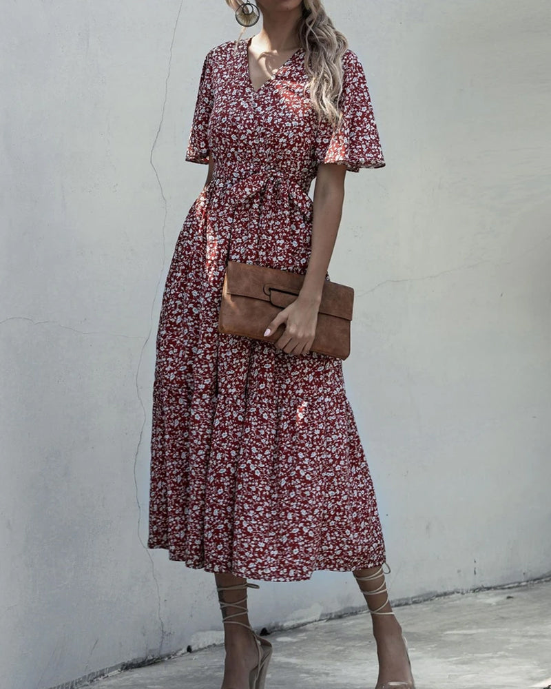 V-neck Belt Polka Dot Floral Maxi Dresses