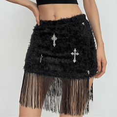 Tassels cross applique fluffy mini skirt