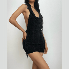 Textured solid hoodie cowl neck sleeveless backless tassels mini dress