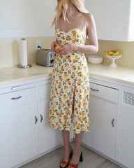 Tube Top Lace-up Lemon Floral Split Midi Dresses