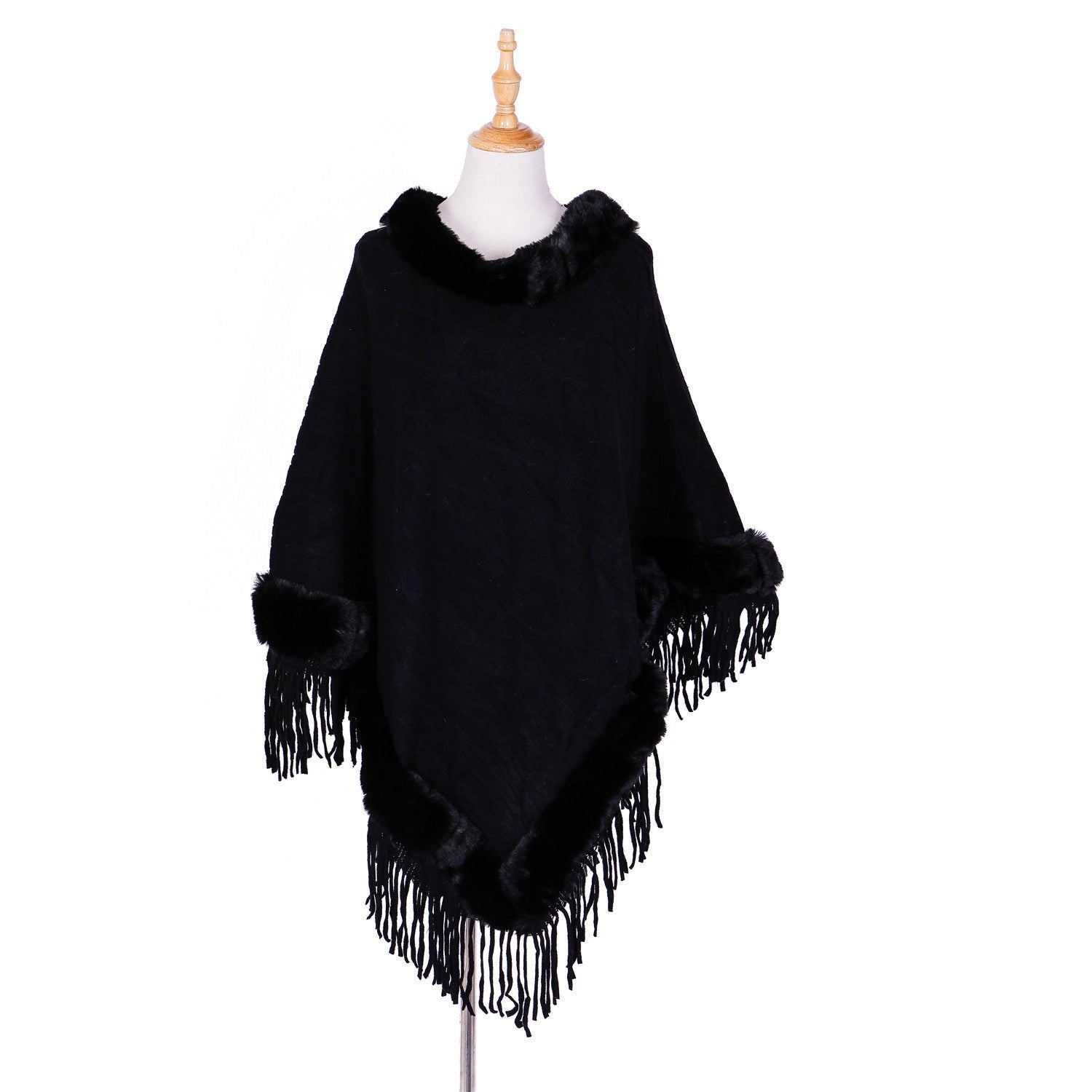 Tassel Hem Fur Collar Pullover Sweater Cloak Shawl Cape