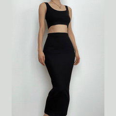 Sleeveless square neck solid ribbed midi skirt set