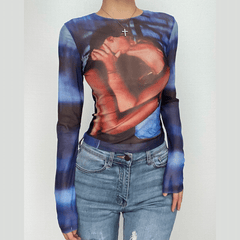 Abstract contrast print long sleeve sheer mesh top