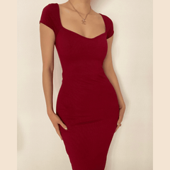 Short sleeve ruched solid ribbed midi dress