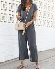 V-neck Elastic Waist Lace-up Jumpsuit Cropped Trousers