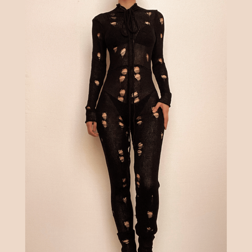 Crochet hollow out high neck long sleeve lace up jumpsuit