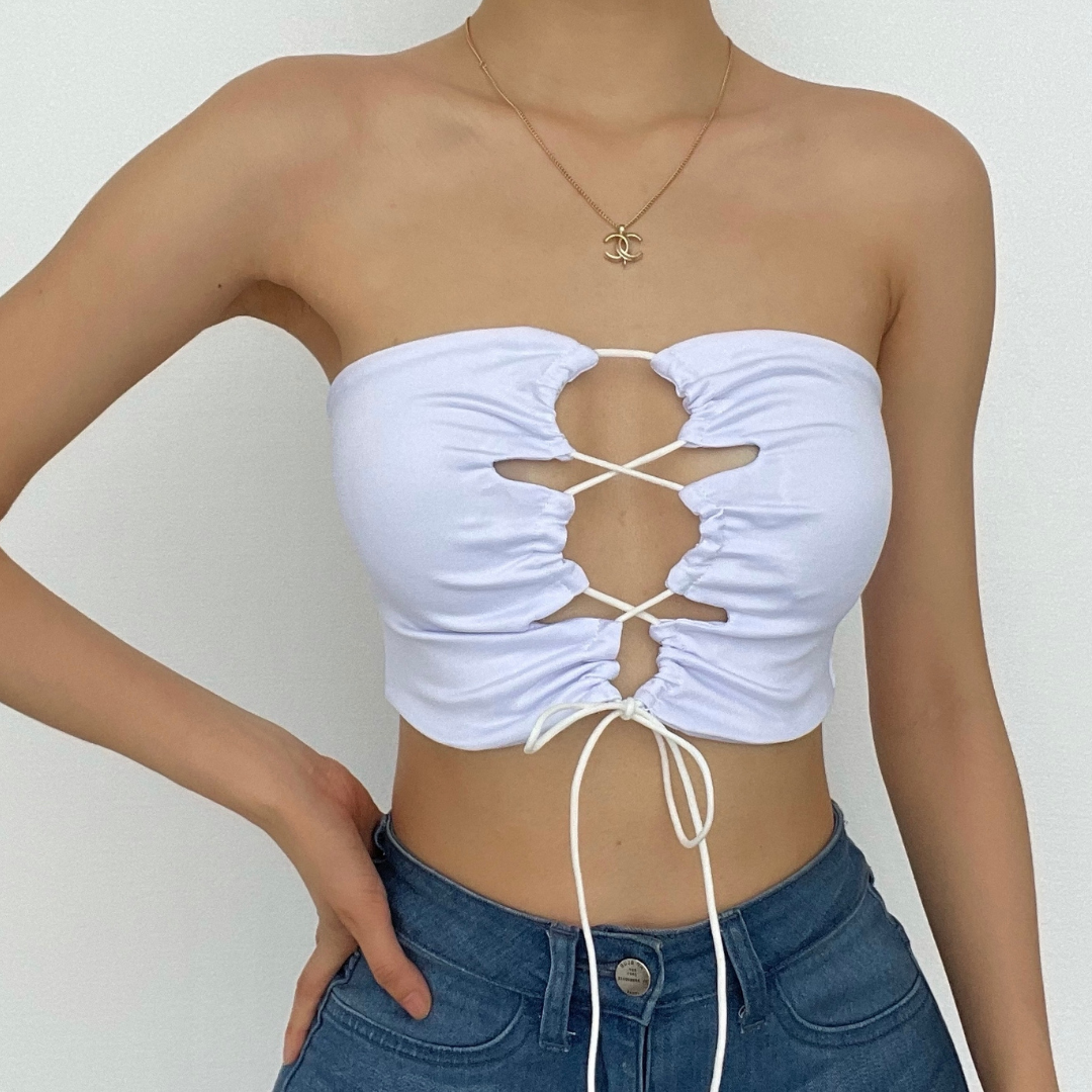 Double layered hollow out self tie backless solid lace up halter cut out top