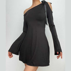 Self tie irregular one shoulder long sleeve solid mini dress