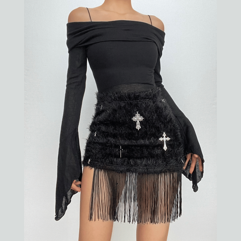 Tassels cross applique fluffy mini skirt