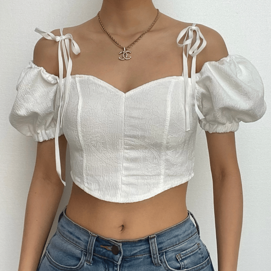 Puff sleeve solid smocked backless self tie crop top