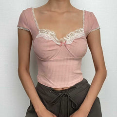 Cap sleeve lace hem textured contrast crop top