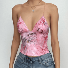 Butterfly applique backless v neck contrast print crop top