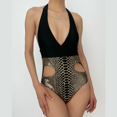 V neck padded halter snakeskin hollow out one piece swimwear