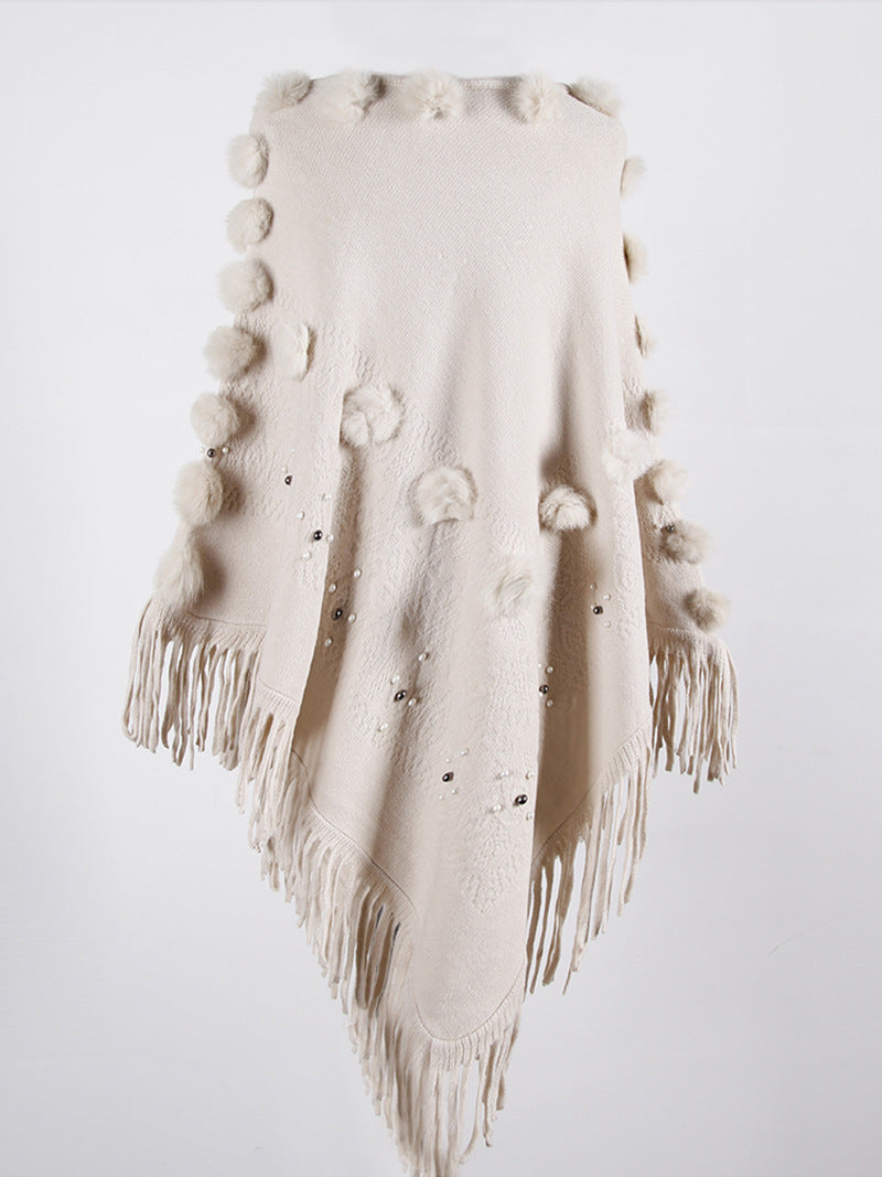 Tassel Fringed Pullover Bead Pompom Collar Sweater Cloak Shawl Cape