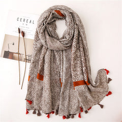 Tassel Grey Printed Cotton Scarf Shawl for Women Ladies Girls