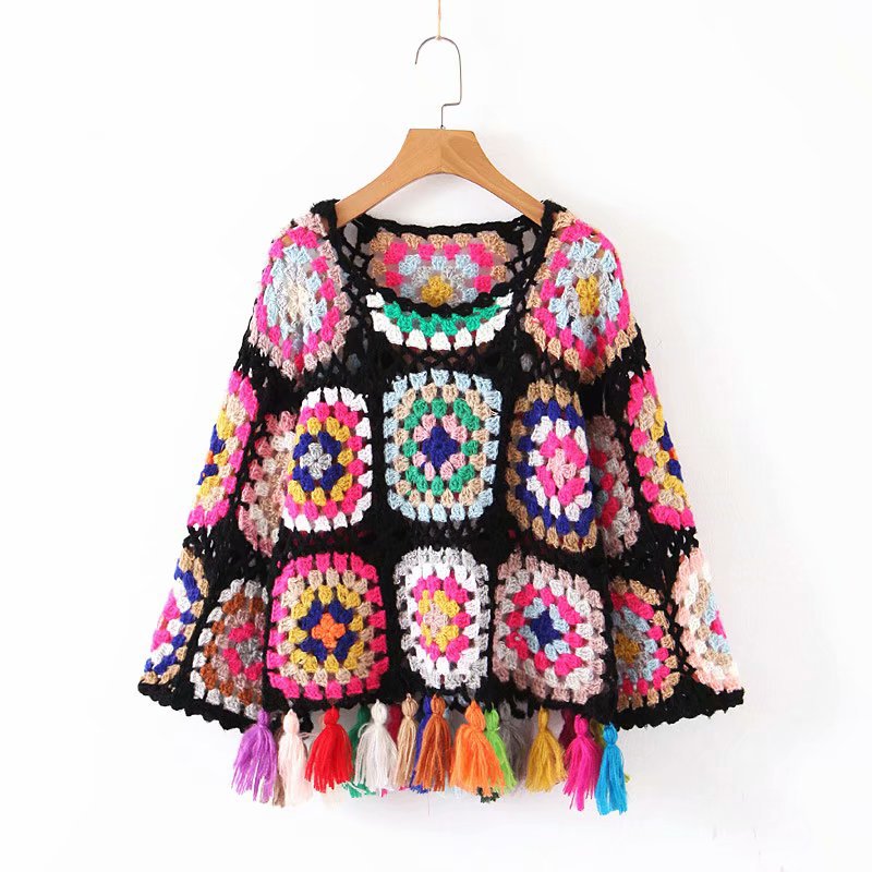 Women's Loose Colored Hollowed-out Tassel Sweater