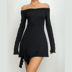 Ruffle solid long sleeve irregular off shoulder mini dress