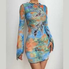 Sheer mesh long sleeve print hollow out dress
