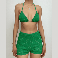 Textured halter solid self tie backless pant bikini swimwear