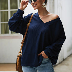 Women V Neck Long Sleeve Loose Sweater