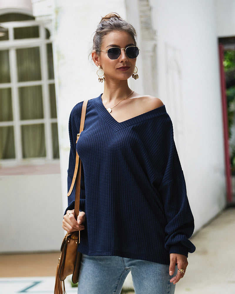 Women V Neck Long Sleeve Loose Sweater