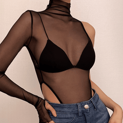 Sheer mesh see through one shoulder irregular gloves bodysuit