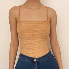 Corss back ruched self tie solid cami bodysuit