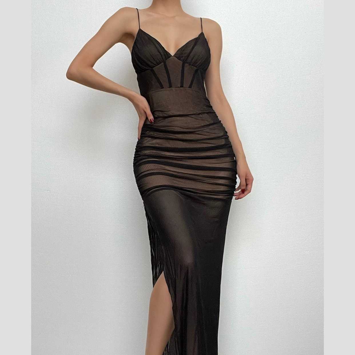 Mesh v neck ruched slit zip-up spaghetti strap maxi dress