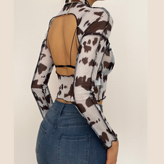 Sheer mesh see through print stitch ruffle open back top