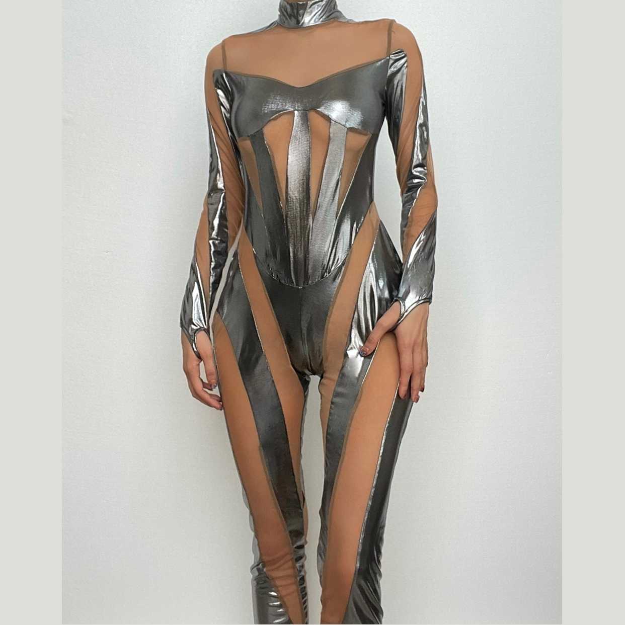 Metallic zip-up long sleeve gloves mesh patchwork high neck jumpsuit