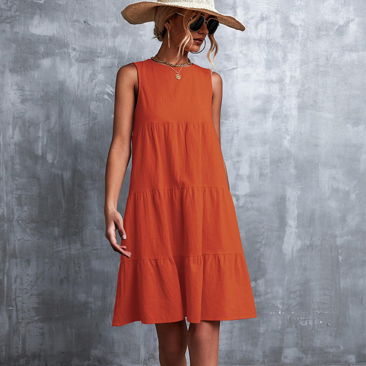 Ruffled Round Neck Solid Sleeveless Mini Dress