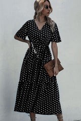 Short Sleeve Dots Print V Neck Maxi Dress