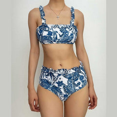 Contrast print ruffle square neck 3 piece swimwear