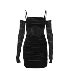 Cowl neck ruched gloves lace velvet zip-up cami mini dress