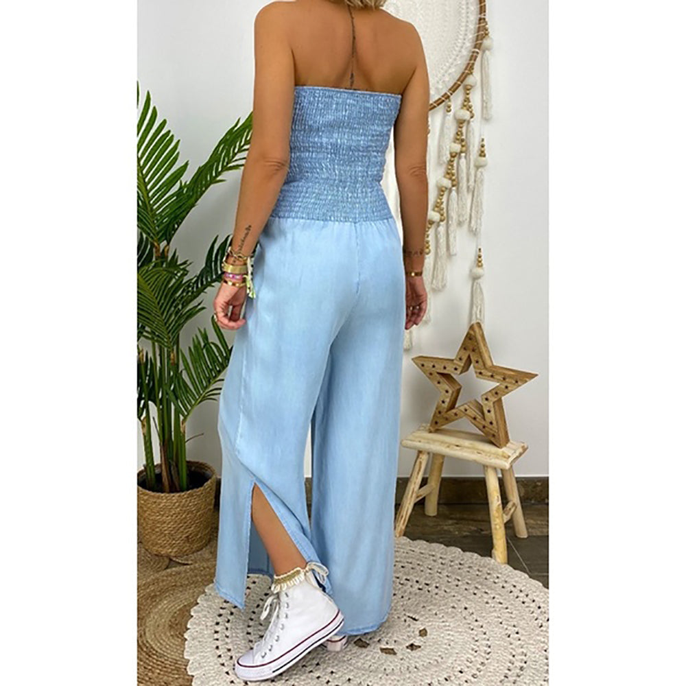 Tube Top Strapless Elastic Waist Slit Leg Denim Jumpsuit