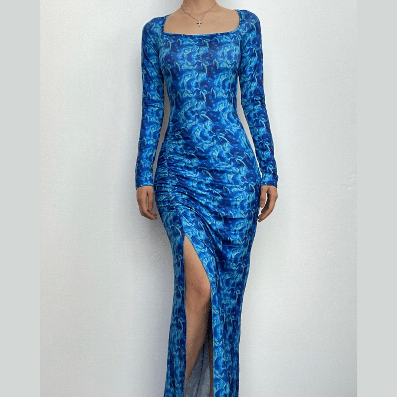 Lace up backless long sleeve slit ruched contrast print maxi dress