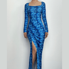 Lace up backless long sleeve slit ruched contrast print maxi dress