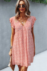 Ruffled Flower Print V Neck Cusual Dress