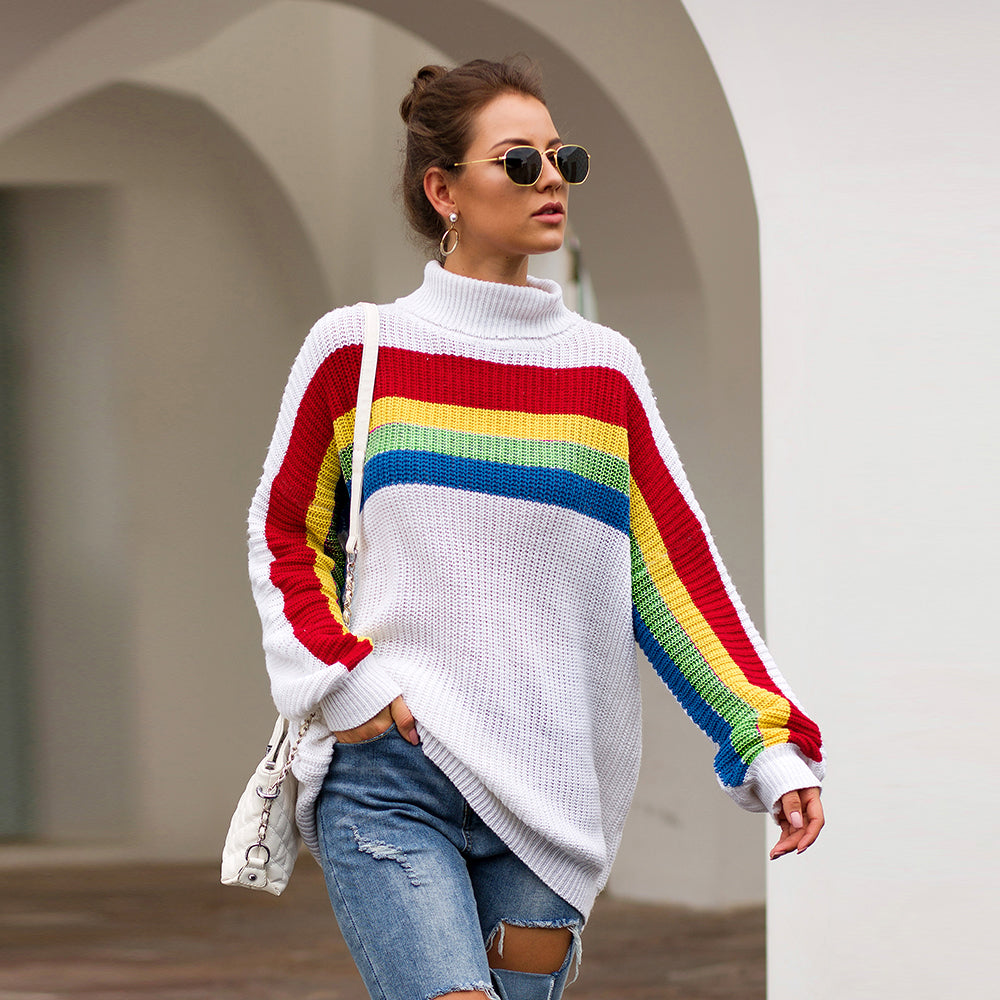 Women's High Collar Rainbow Stripes Knit Long Sweater